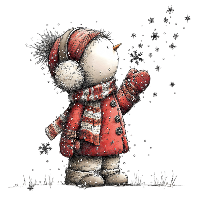 Christmas snowman in red coat and hat reaching up to catch falling snowflakes, Grey Barn Handwerk, Saskatchewan.